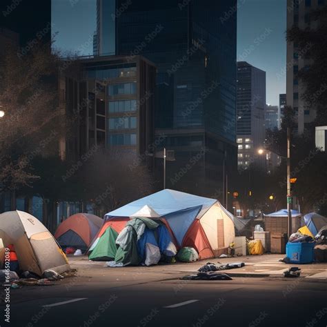 Homeless encampment in an downtown area of a major city with tents and ...