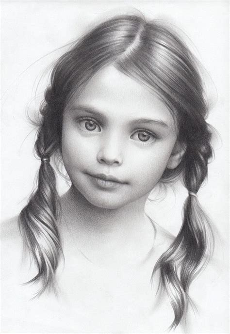 black and white drawing of a little girl, two braided ponytails, how to draw a p... black and wh ...