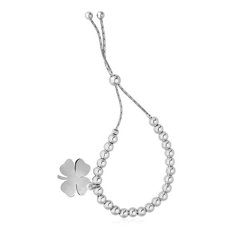 Adjustable Shiny Bead Bracelet with Four Leaf Clover Charm in Sterling Silver - Richard Cannon ...