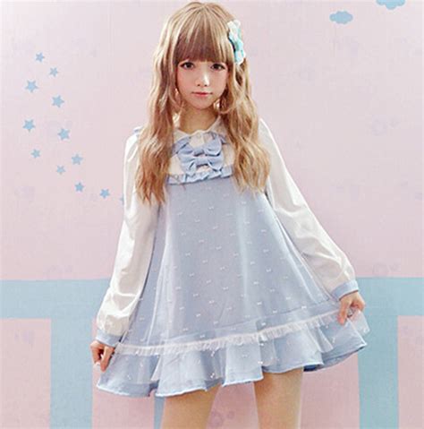 New Design 2015 Autumn Cute kawaii Dresses Long Lantern Sleeve Doll Collar Dress Bow Gauze Frill ...