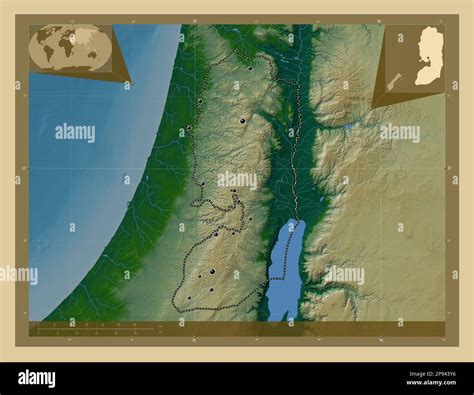 West Bank, region of Palestine. Colored elevation map with lakes and rivers. Locations of major ...