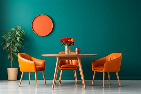 Premium Photo | Modern living room with Scandinavian design round dining tableorange leather ...