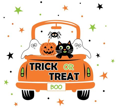 Halloween Orange truck pattern with different cute characters ghost, pumpkin, and cat. Vector ...