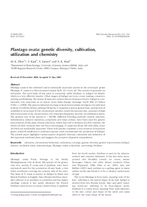 (PDF) Plantago ovata: genetic diversity, cultivation, utilization and ...