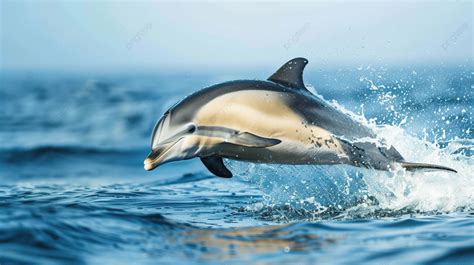 Common Dolphin Jumping Outside The Ocean Background, Dolphin, Common ...