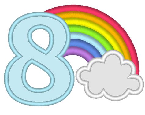 Rainbow in cloud Birthday Number 8 EIGHT machine embroidery applique designs assorted sizes ...