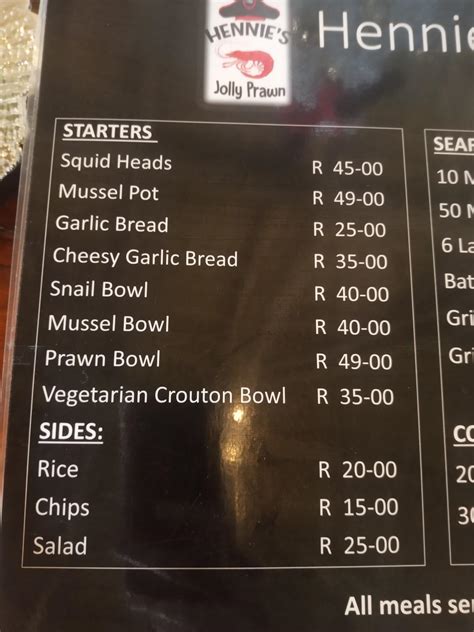 Speisekarte von Hennie's Jolly Prawns restaurant, Centurion