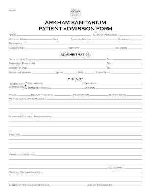 Propnomicon: Arkham Sanitarium Patient Admission Form