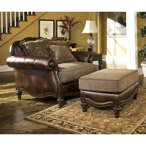 Ashley Claremore Faux Leather Oversized Chair with Ottoman in Antique ...