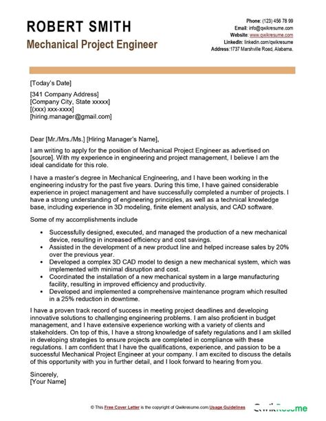 Mechanical Project Engineer Cover Letter Examples - QwikResume