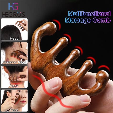 HEGRUS comb Sandalwood Wooden Comb Five Scalp Relaxation Scraping Meridian Massage Wooden Comb ...