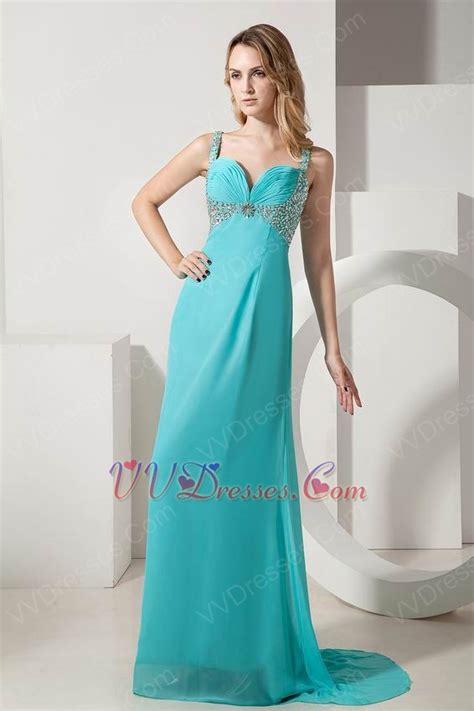 Straps Ruched Bodice Turquoise Chiffon Prom Dress With Beading