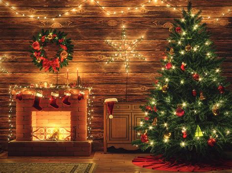 Christmas Tree Photography Xmas Lights Background Fireplace Closet Wood Wall Backdrops Sale