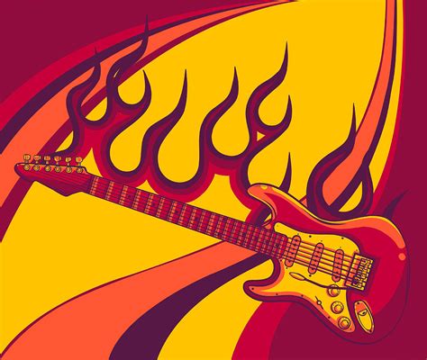 Electric guitar on fire in full color and flames vector illustration ...