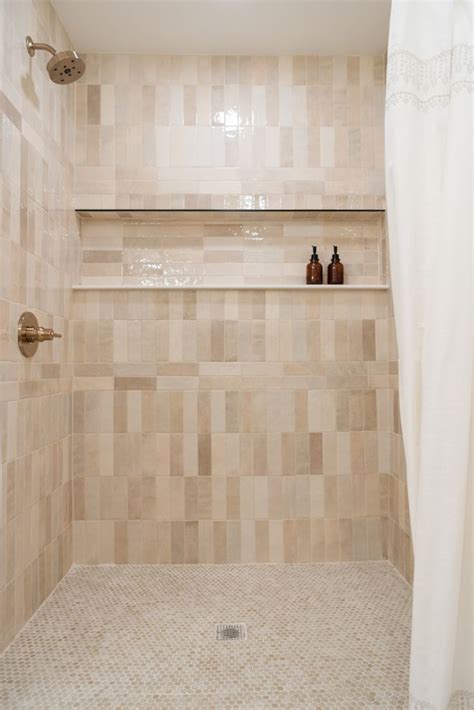 Cream Tile Bathroom, Cream Bathroom Ideas, Master Bathroom, Shower Floor Tile, Bathroom Floor ...