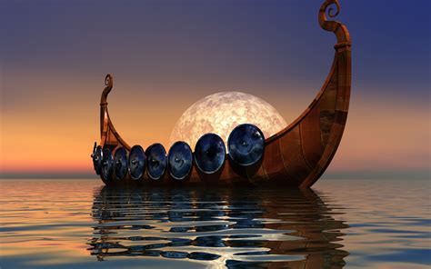 Download Full Moon Ocean Drakkar Ship Fantasy Viking HD Wallpaper