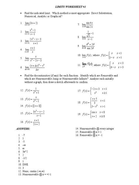 Infinite Limits Worksheet With Answers Pdf