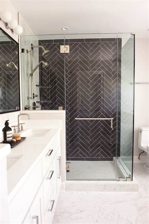 RESTROOM CERAMIC TILE DESIGN SUGGESTIONS - Homes Tre | Black tile bathrooms, Herringbone tile ...