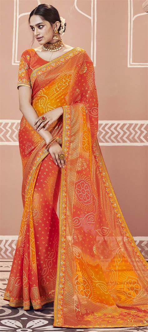 Festive, Reception Orange, Red and Maroon color Georgette fabric Saree ...