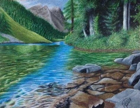 Nature! Prize Winner in Colored Pencil! Mountains, Forest, Woods, River ...