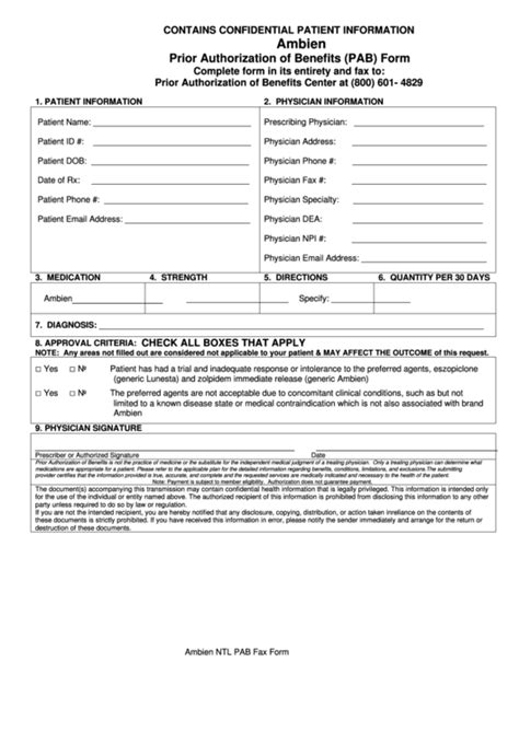 Ambien Prior Authorization Of Benefits (Pab) Form printable pdf download