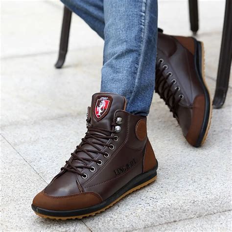 New 2018 Fall Winter Leather Boots Men Fashionable Warm Cotton Ankle Boots Casual Lace up ...