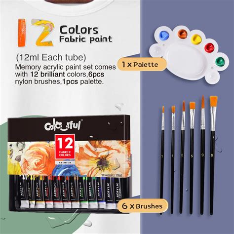 Colorful Fabric Paint Set For Clothes With 6 Brushes,1 Palette,12 Colors Permanent Textile Vivid ...