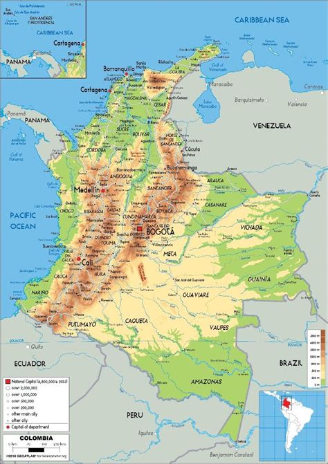 Map of Colombia (Physical) | Colombia map, Map, Topography map