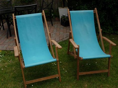 Two turquoise Habitat retro vintage style wooden deck chairs cotton ...