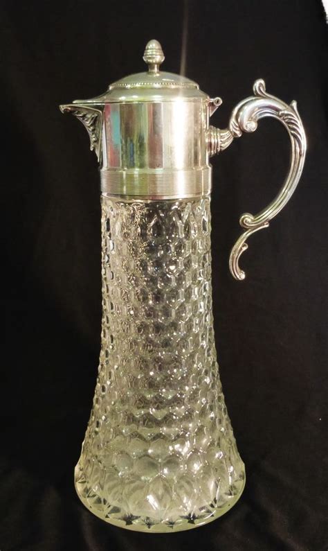 Vintage wine decanter crystal like silver plated bar ware hinged top ...