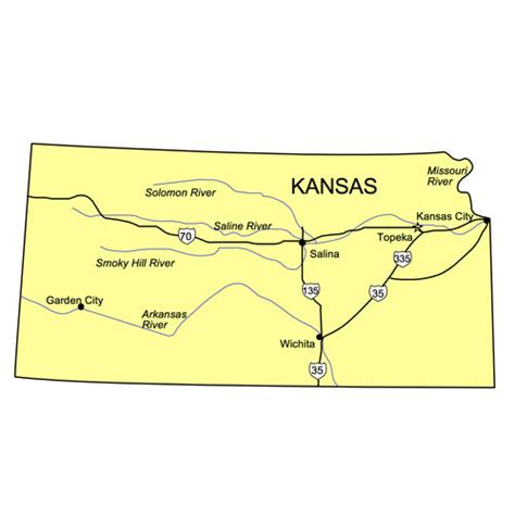 Kansas US State PowerPoint Map, Highways, Waterways, Capital and Major Cities - MAPS for Design