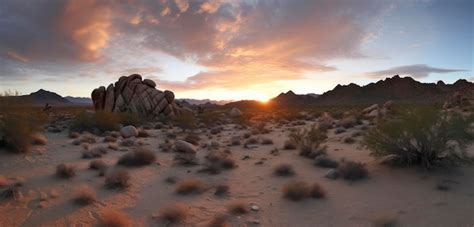 Premium AI Image | A sunset in the desert with a mountain in the background