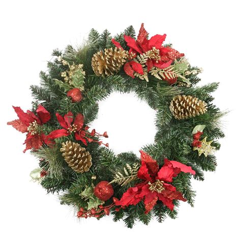 24" Pre-Decorated Red Poinsettia and Gold Pine Cone Artificial ...