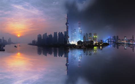 city, Cityscape, Shanghai, China, Skyscraper, Building, Sunset, Tower, Clouds, Sea, Reflection ...