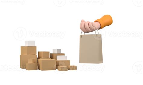 3D. Cartoon hands holding paper bag isolated over orange and box background. 10916681 PNG