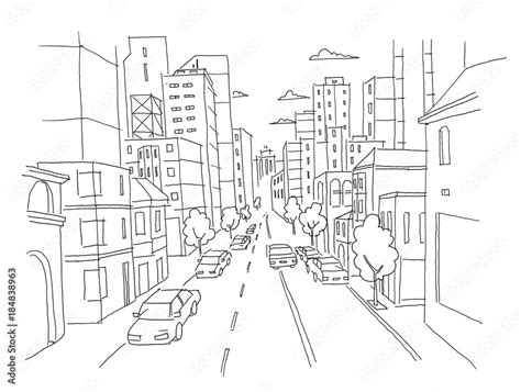 City street linear perspective sketch road view. Cars end buildings. Hand drawn vector stock ...