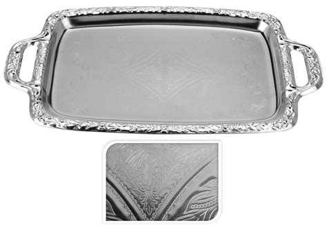 Engraved Silver Coloured Metal Tray Silver Serving Tray Tea Tray with ...