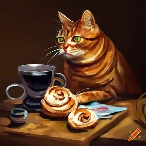 Painting of a cat drinking tea with cinnamon buns on Craiyon