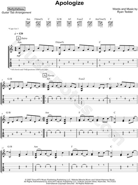 Kelly Valleau "Apologize" Guitar Tab in A Minor - Download & Print - SKU: MN0171355