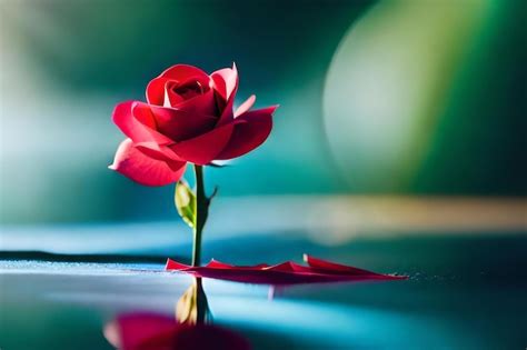 Premium Photo | A single red rose sits on a shiny surface.