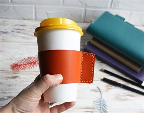Orange leather coffee cup sleeve / Reusable leather cup cozy / | Etsy