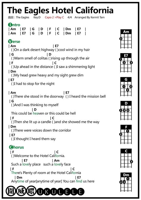 圍威喂 ukulele: The-Eagles-Hotel-California | Ukulele songs beginner, Ukulele songs, Ukelele songs