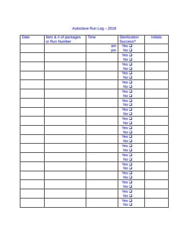 Autoclave Monthly Maintenance Log Sheet