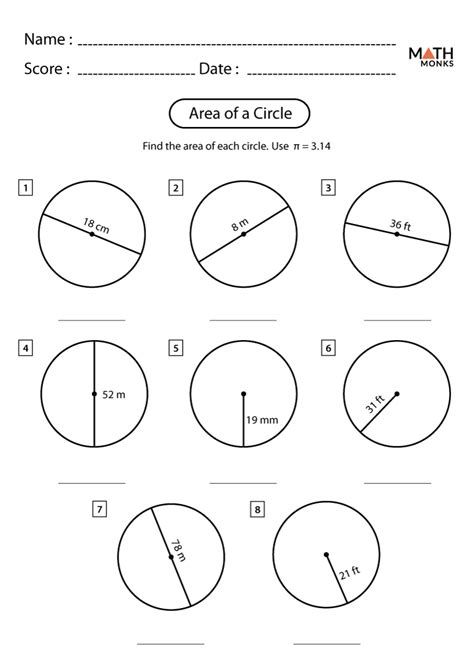 Area of a Circle Worksheets - Math Monks