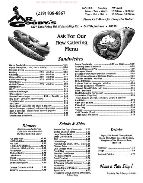 Menu at Mr Goody's restaurant, Griffith