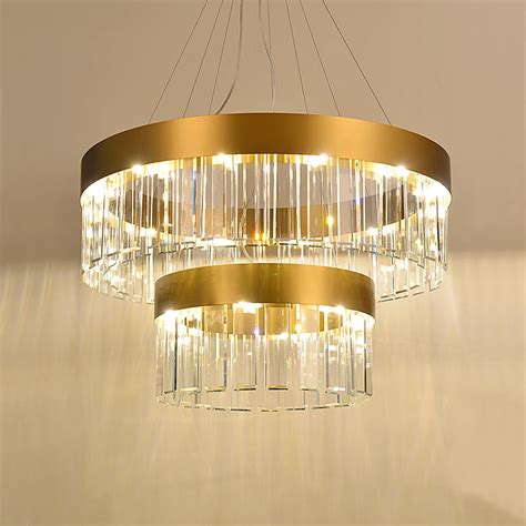 Light luxury crystal chandelier two layer round modern gold villa ...