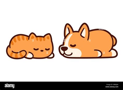 Cute cartoon corgi puppy and ginger kitten sleeping together. Adorable sleeping cat and dog ...