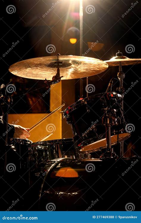 Percussionist Performing on Rock Drum Set with Drumsticks. Stock Photo ...