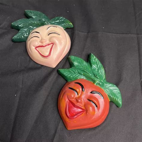 VTG ANTHROPOMORPHIC FRUIT Peach Set Chalkware 3D Wall Hanging Plaque Happy Faces $49.90 - PicClick