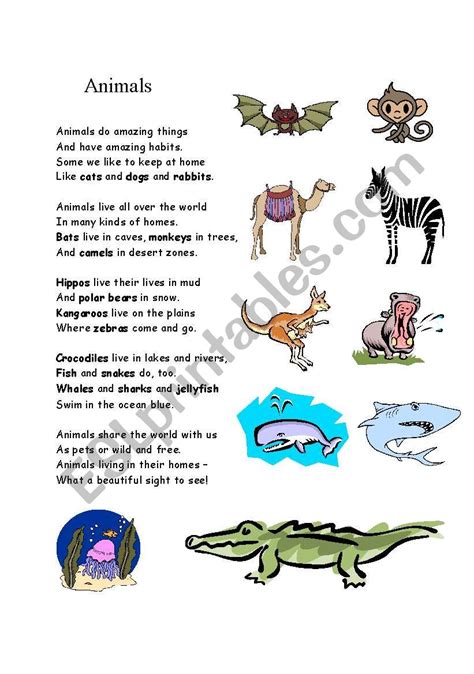 Poem about animals - ESL worksheet by kinderwelt